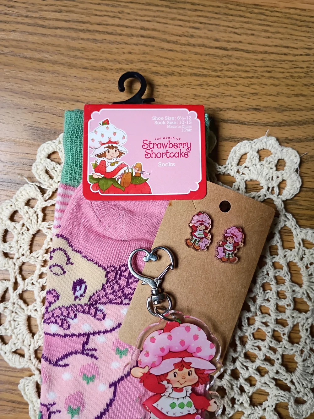 Pink Socks, Keychain And Earrings Set